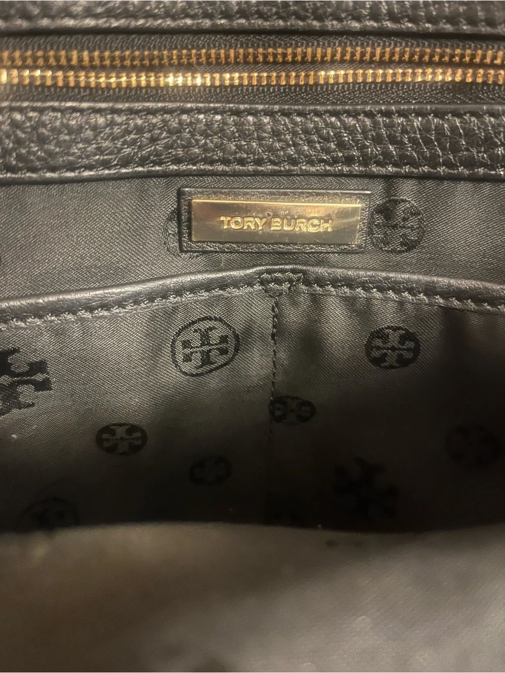 Tory Burch Black Pebbled Leather Tote with Gold Logo Hardware
